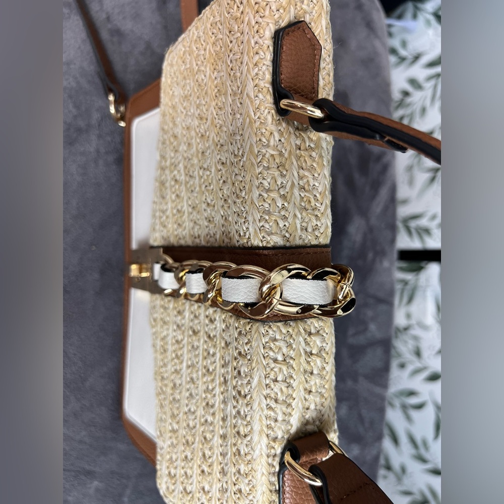 ALDO with Brown/Cream Flap Closure Top Handle Crossbody Strap Gold Hardware Bag - Picture 9 of 13